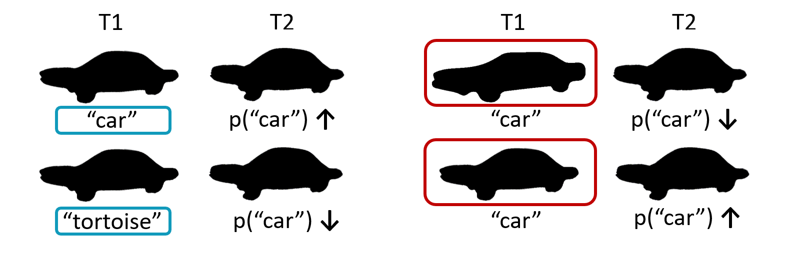 Illustration of attractive and repulsive context effects. Left: attraction effect (hysteresis). When the stimulus is perceived as a car at time 1 (T1), the probability that another stimulus at time 2 (T2) will be perceived as a car is higher than when the stimulus at T1 was interpreted as a tortoise. Right: repulsion effect (adaptation). When the stimulus at T1 is a very clear example of a car, the probability that another stimulus at T2 will be perceived as a car is lower than when the stimulus at T1 was a more ambiguous example of a car.