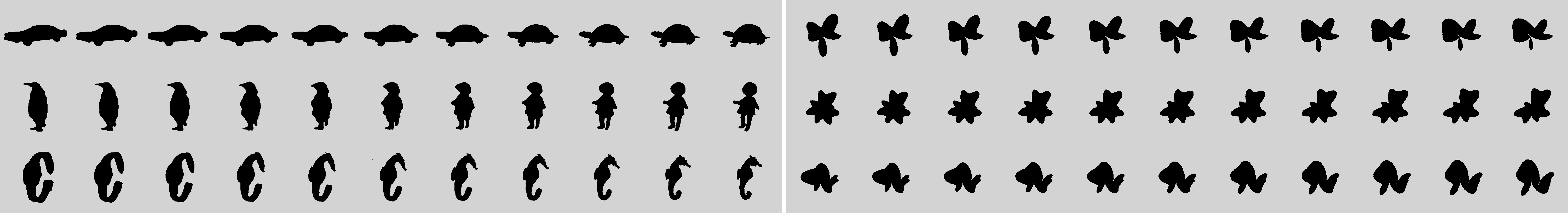 The three identifiable (i.e., car-tortoise, penguin-child, watch-seahorse) and three non-identifiable morph series used in the experiment.